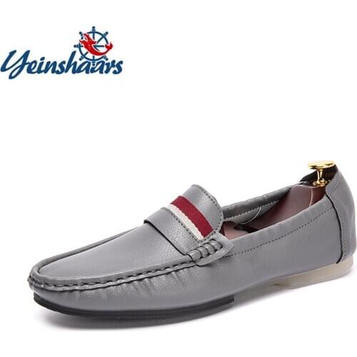 YEINSHAARS Casual Split Leather Shoes Men Loafers Comfortable Driving Shoes Stripe Style Walking Men Shoes Moccasins Sneakers