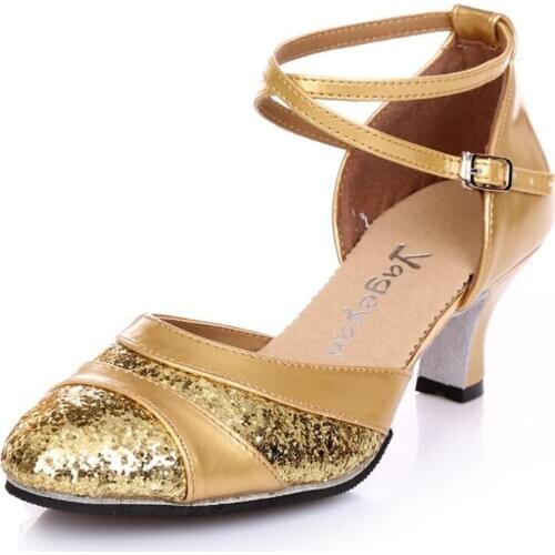 Fashion Glitter Rhinestone Latin Dancing Shoes Tango Ballroom Dance Shoes Womens Gold Shoes High-Heeled A257