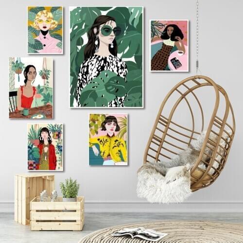 Fashion Girl Tropical Plant Leaf Vintage Wall Art Canvas Painting Nordic Posters And Prints Wall Pictures For Living Room Decor