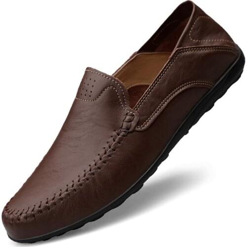 Genuine Leather Mens Shoes Casual Luxury Brand Men Loafers Moccasins Breathable Slip On Male Driving Shoes Brown Plus Size 37-47