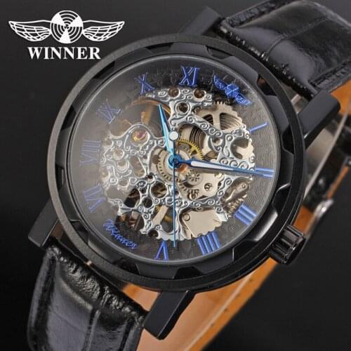 Winner Mens Watch Mechanical Hand-wind Leather Strap Fashion Casual Analog Crystal Wristwatch Color Black WRG8008M3B1