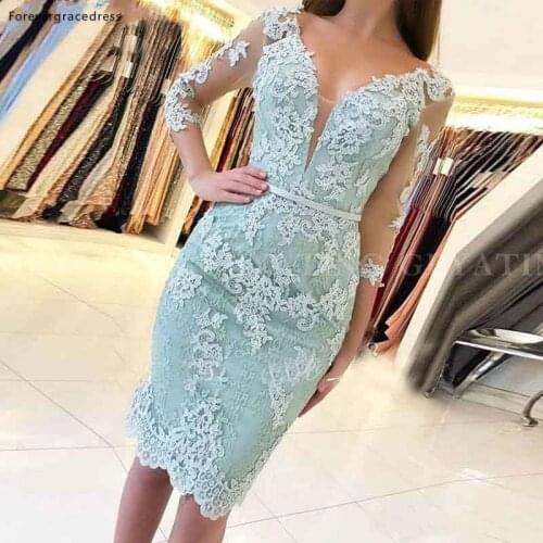 Mint Green Colour Prom Dresses Sheath V Neck With Lace Cocktail Party Gowns Women Wears Plus Size Available