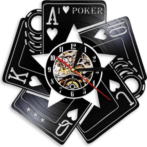 I Love Poker Royal Flush Spades Gamble Room Decorative Wall Clock Poker Cards Las Vegas Gambling Cards Vinyl Record Wall Clock
