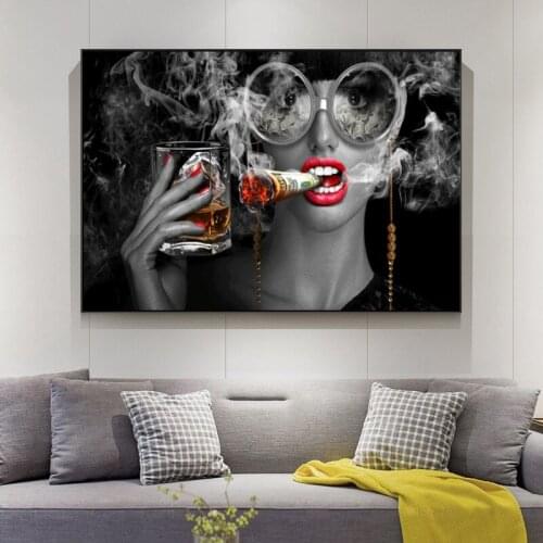 Bar Wall Art Cool Smoking and Drinking Gril Canvas Painting Posters and Prints Fashion Makeup Woman Wall Pictures Home Decor