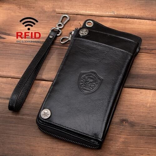 New RFID Anti-theft Brush Mens Wallet Multifunctional Casual Leather Long Card Holder Purses with Wrist Strap Clutch Bag