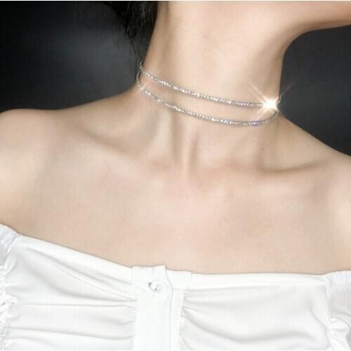Kinel Super Flash Rhinestone Choker Necklace For Women Silvre Color Neckband Neck Accessories Short Chain Necklace
