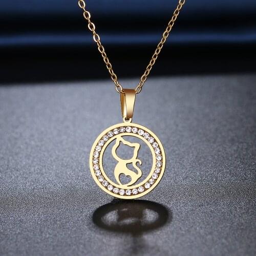 CACANA 316L Stainless Steel Lazy Openwork Kitten Necklace NEW Crystal Rhinestone Necklaces For Women Wedding Valentines Day