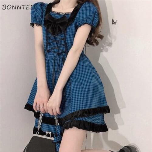 Dress Women Sexy Ladies Students Lovely Lace Chic Ulzzang Club Bow Plaid Casual Elegant Knee-length Puff Sleeve High Waist New