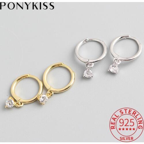PONYKISS 100% 925 Sterling Silver Water Drop Zircon Hoop Earrings Women Party Minimalist Elegant Accessory Delicate Jewelry Gift