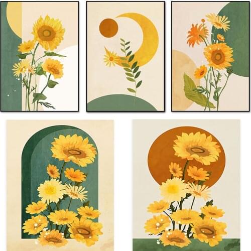 Sunflower Posters Canvas Painting Nordic Abstract Moon Leaves Plant Wall Art Pictures for Living Room Bedroom Home Decoration