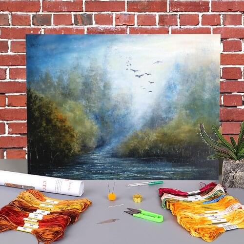 Natural Scenery Hazy Morning Printed Water-Soluble Canvas 11CT Cross-Stitch Patterns DIY Embroidery DMC Threads Design