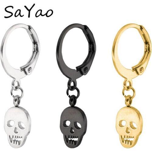 SaYao 2Piece 10mm Round Huggie Earring Stainless Steel Hoop Ear Men Women Skull Punk Skulls Earrings Stud Earring Gift