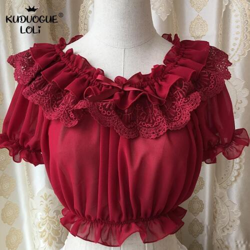 Lolita Cropped Tops Shirt Girls Kawaii Chiffon Off Shoulder Short Sleeve Lace Ruffles Bow Vintage Women Elegant Gothic Elastic