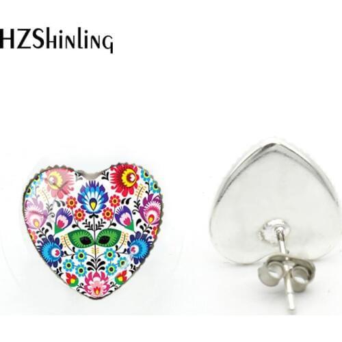 2018 New Polish Folk Pattern Heart Earring Glass Dome Photo Earrings Handmade Jewelry Art Ear Studs For Women