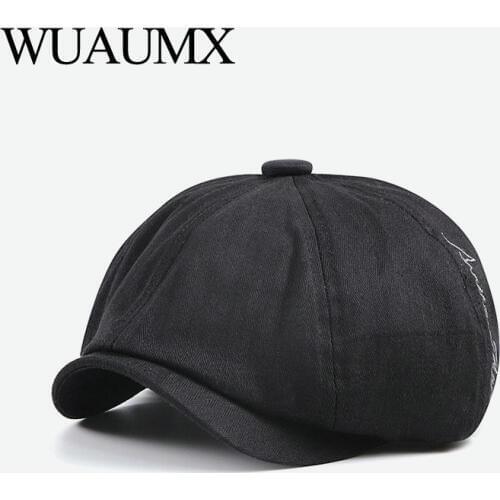 Wuaumx Solid Cotton Octagonal Hat Men Women Vintage Newsboy Cap Detective Painter Hats Retro Flat Cap Casual Beret Hat casquette