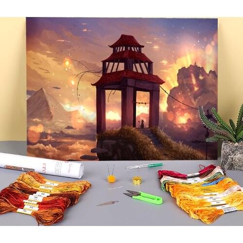 Scenery On The Edge Printed 11CT Cross Stitch Embroidery Patterns DMC Threads Knitting Craft Painting Handiwork Decor