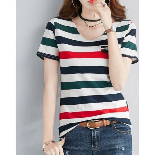 New Zuolunouba Summer T-shirts Women Fashion Wide Stripes Print Harajuku Tees Female Short Sleeve Casual Tops