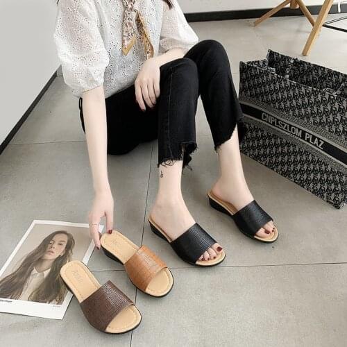 Women Summer Wedges Sandals New Woven Square Plaid Fashion Mid Heel Slippers Casual Outdoor Beach Slides Female Flats