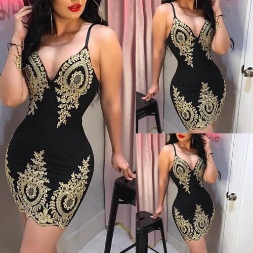 Womens Evening Party Mini Short Dress Ladies Slim Print Fashion Sling Spaghetti Bodycon Lace Strappy Size S-XL V Neck