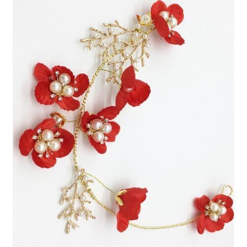 Girls Red Floral Bridal Hair Accessories Headband Gold Wedding Hairbands Accessories Women Prom Party Headpiece Jewelry