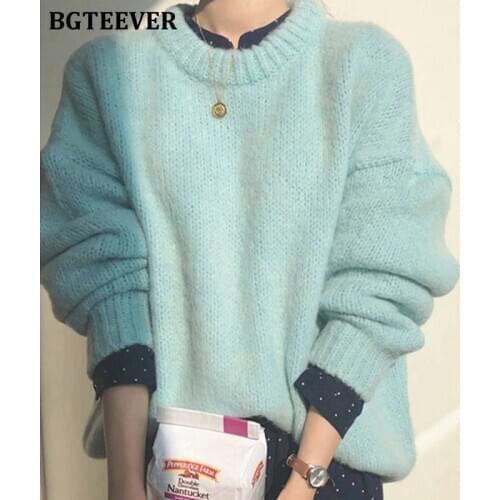 BGTEEVER Thick O-neck Mint Green Women Knitted Pullovers Autumn Winter Warm Loose Casual Long Sleeve Female Solid Sweater Tops