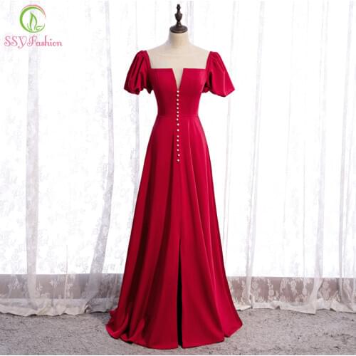 SSYFashion New Simple Red Evening Dress Banquet Elegant Satin Floor-length Scoop Puff Sleeve Bride Married Formal Gown Vestidos