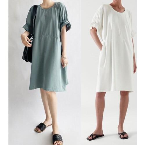 Womens Cotton O-Neck Knee-Length Dress Ruffles Trim Short Sleeve Ladies Loose Simple Casual Short Robe