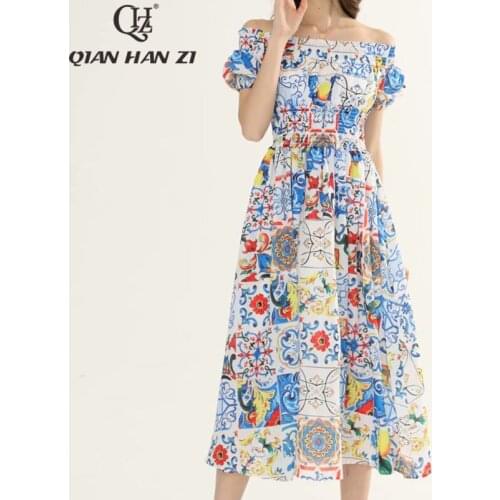 QHZ runway fashion sexy Slash neck dress Women Elegant Blue and White Porcelain Printed Elastic Waistline Beach Mid-Calf Dress