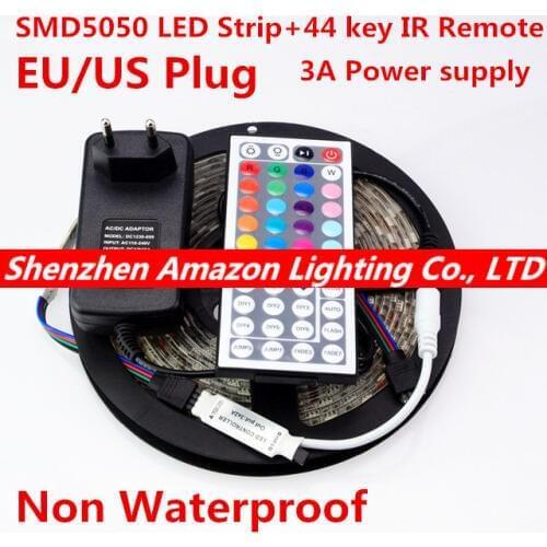 5050 LED Strip 5M 300Led SMD RGB 60LED/M Lamps DC12V flexible light + 44key IR Remoter + 3A Power Lighting 5M/Roll