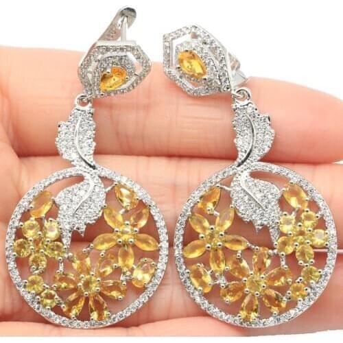 57x27mm Big European Design Jewelry Set Flowers 13g Created Golden Citrine Green Peridot For Women Silver Pendant Earrings