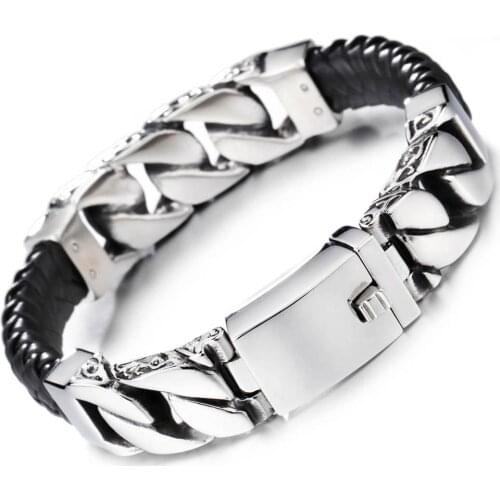 Vintage Bracelet Chain Stainless Steel Vintage Silver Color&Black Leather Braid Pattern Cuban Curb Chain Men Boy Bracelet Bangle
