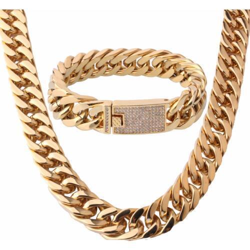 15mm Wide Gold Color Crystal Stainless Steel Buckle Miami Curb Cuban Link Chain Bracelet&Necklace Mens Jewelry Set