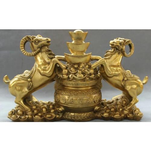 Fast shipping USPS to USA S1618 15" Chinese Pure Brass Folk FengShui Wealth 2 Sheep Treasure Bowl Statue Animals