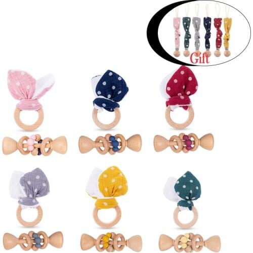 3pcs/set Baby Teether Wooden Rattle Bunny Ear Pacifier Chain Dummy Holder Beech Ring Pacifier Pendant Chewing Rodent Wooden Toys