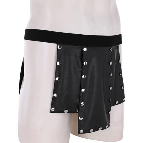 Men Erotic Sexy Lingerie Porno Novelty Soft 6 Panel Black Faux Leather Low Waist Panties Metal Studded Kilt Underwear Skirt Belt