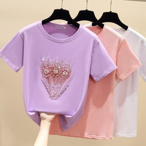 Sequined T Shirt Women Cartoon T-shirt Cotton Woman Clothes Korean Fashion Tshirt 2021 Summer Tops Short Sleeve Tee Shirt Femme