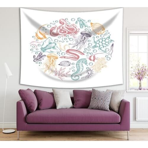 Tapestry Jellyfish Octopus Seahorse Stingray Fish Turtles Seaweed Sea Life Enclosed in A Circle Printed Yellow Green Red