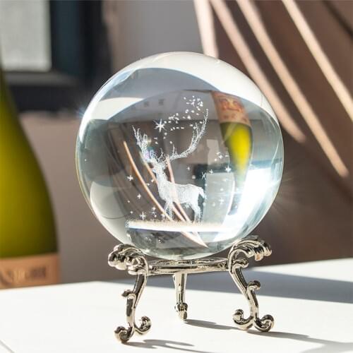 H&D 3D Laser Crystal Ball with Christmas Deer and Snowflakes Healing Figure for Home Decor Ornament Souvenir Birthday/Xmas Gift