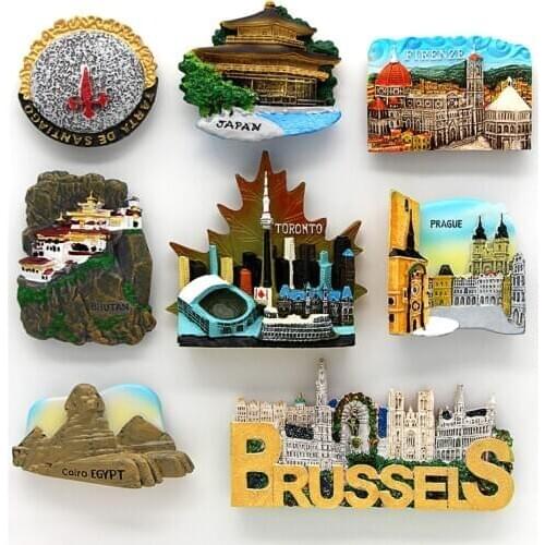 Magnetic refrigerator paste resin building souvenir tourists Prague square Bhutan Santiago Chile fridge magnets room decoration