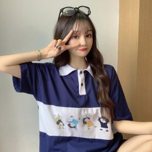 New style college style cute POLO collar lapel mid-length solid color short-sleeved t-shirt womens top cotton printing