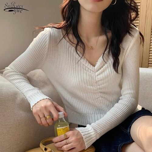 2021 Autumn V-neck Sexy Pullover Sweater Women Fashion Solid Folds Knitted Sweaters Warm Casual Slim Sweater Tops Elegant 17214