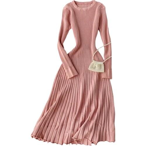 Autumn and winter new dress over-the-knee bottoming skirt solid color long-sleeved sexy buttocks Dress Plain Jersey Stretch Dres