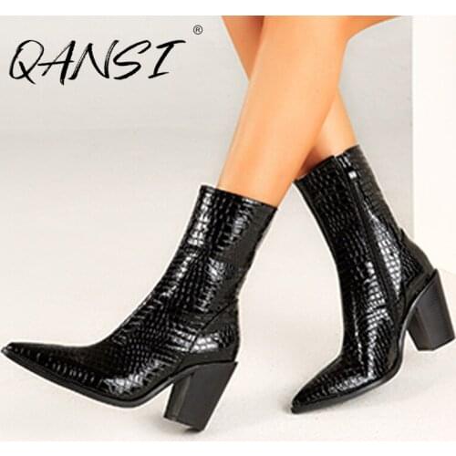 Autumn Point Toe Black Womens Boots Sexy Crocodile Pattern High Heels Party Women Boots Patent Leather Zip Square Heel Boots