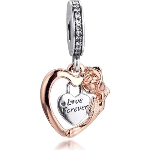 Fits for Pandora Beads Bracelets Heart & Rose Flower Dangle Charms 100% 925 Sterling Silver Jewelry Free Shipping