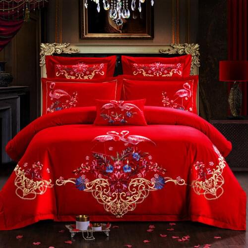 Flowers Flamingo Embroidery Chinese Red 100%Cotton Princess Wedding Bedding Set Duvet/Quilt Cover Bed Sheet Linen Pillowcases