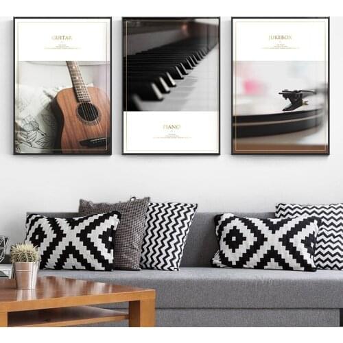 Simple Modern Black And White Retro Piano Guitar Record Music Combination Creative Poster Background Wall Decoration Painting