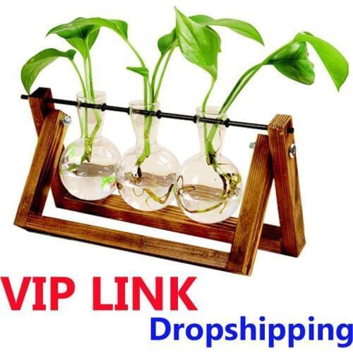 Drop Shipping Vip Link - Hydroponic Plant Vases Vintage Flower Pot Transparent Vase Wooden Frame Glass Tabletop Plant Home Decor