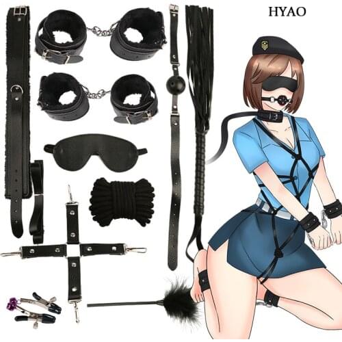 Sex Games Sexy Leather BDSM Kits Plush Sex Bondage Set Adults Sex Toys For Women Handcuffs Nipple Clamps Whip Sex Accessories