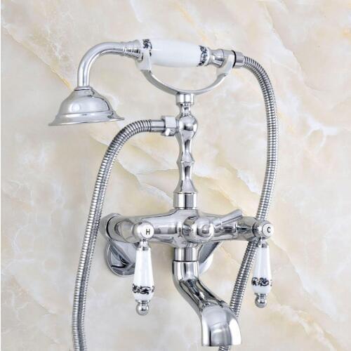 Silver Polished Chrome Brass Wall Mounted Dual Ceramic Handles Clawfoot Bathtub Faucet Handshower - Adjusts From 3-3/8" aqg422