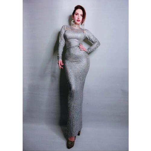 Silver Mesh Full Rhinestones Long Dress Evening Party Wear Dresses Birthday Celebrate Costume Performance Dress Leotard Outfit